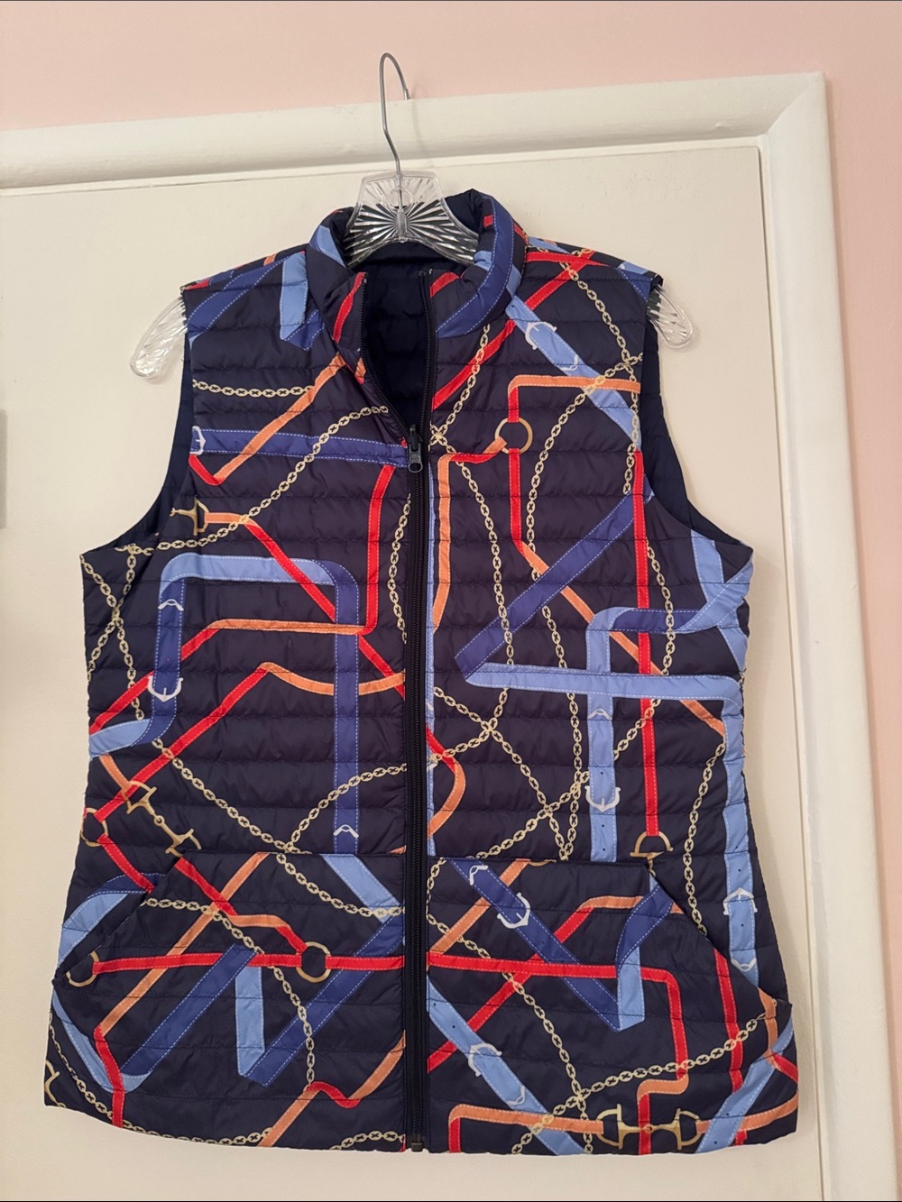 J. McLaughlin Reversible Quilted Vest with Red & Blue Chain Print